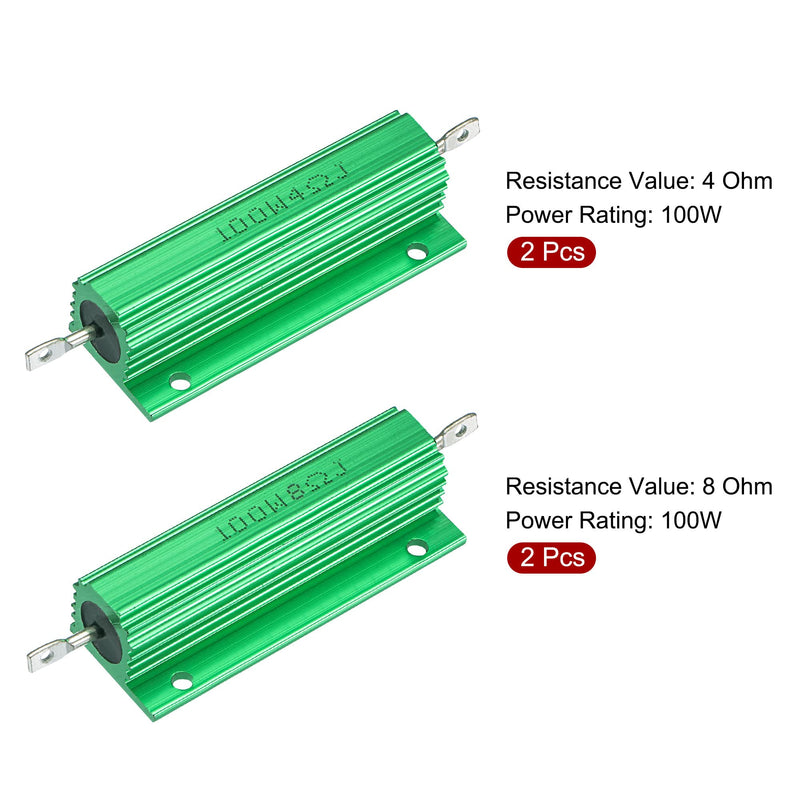 MECCANIXITY Wirewound Resistor Assortment 100W 4 Ohm 8 Ohm 5% Aluminum Case Screw Chassis Mounted for Speaker, Set of 2 (Green)