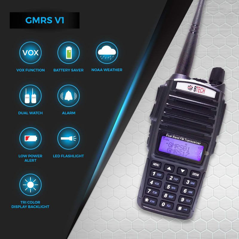 BTECH GMRS-V1 GMRS Two-Way Radio, GMRS Repeater Capable, with Dual Band Scanning Receiver (136-174.99mhz (VHF) 400-520.99mhz (UHF))