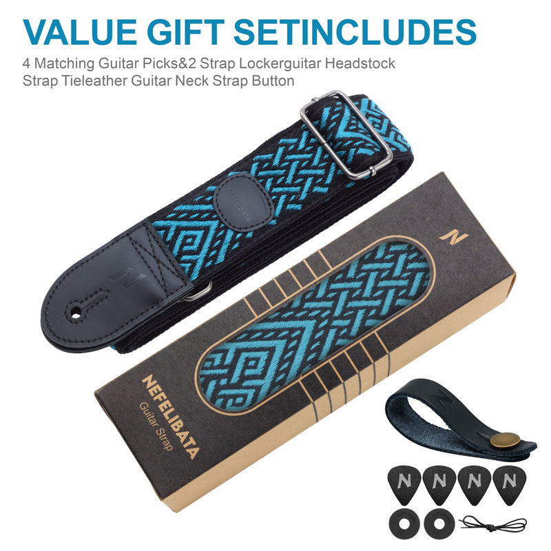 Nefelibata Guitar Strap with Pick Pocket, 2 Inch Thicker Woven Guitar Straps with Double Full Grain Leather Ends for Bass, Electric and Acoustic Guitars (Free Guitar Accessory Set) Blue Diamond