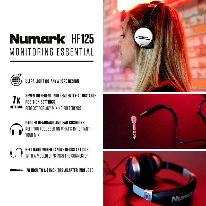 Numark HF125 - Ultra-Portable Professional DJ Headphones with 6 ft Cable, 40 mm Drivers for Extended Response & Closed Back Design for Superior Isolation Оne Расk
