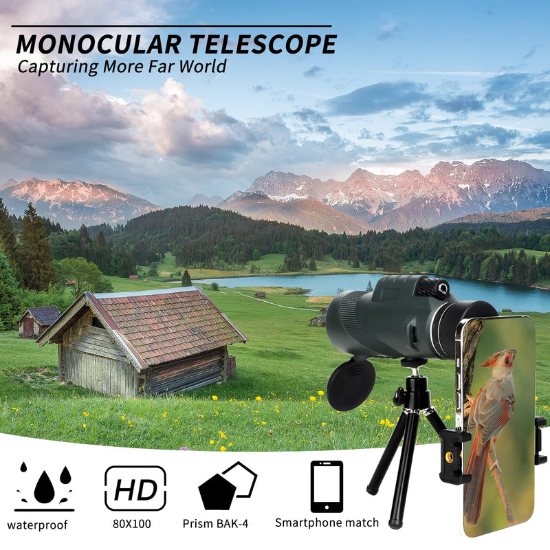 80x100 Monocular Telescope for Smartphone YSSGYMY Monoculars for Adults High Powered Compact Monoscope Hunting Wildlife Bird Watching Travel Camping Hiking Camping Travelling green