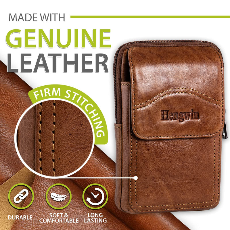 Hengwin Genuine Leather Phone Crossbody Bag Men Purse iPhone 11 Pro Max XS Max XR 8/7/6 Plus Samsung Galaxy S20+ S10+ S9+ S8+ Note 10+ 9 8 Holster Pouch Case with Belt Clip Loop Shoulder Strap (Brown) Brown