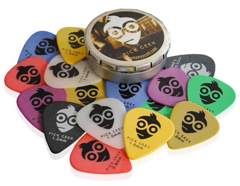 Pick Geek Cube - 2 Sets of Premium Guitar Picks for your Electric, Acoustic or Bass Guitar - Celluloid & Delrin - X Heavy, Heavy, Medium & Light - In 2 Metal Pocket Boxes - A Perfect Gift - Guaranteed Pick Geek Cube