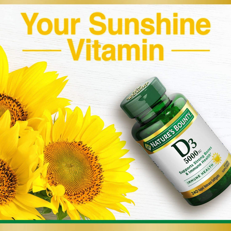 Vitamin D3 by Nature’s Bounty for Immune Support. Vitamin D Provides Immune Support and Promotes Healthy Bones. 125 mcg (5000iu), 240 Softgels 240 Count (Pack of 1)