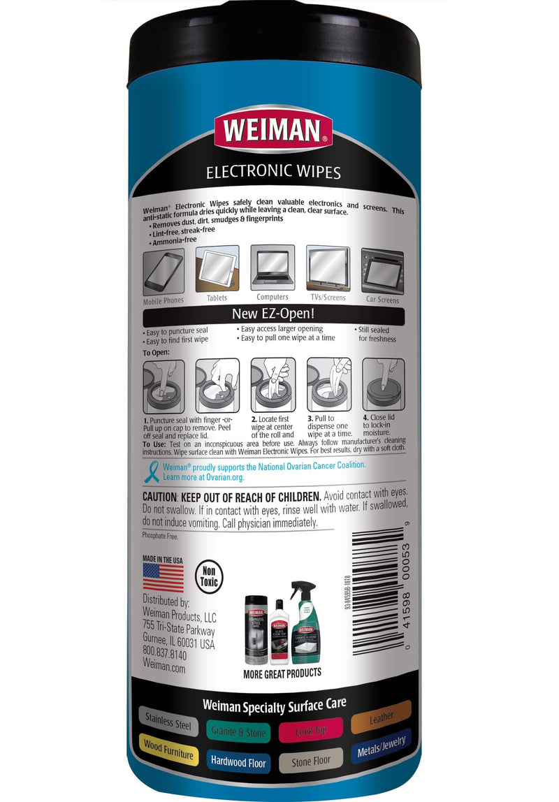 Weiman Anti-Static Electronic Cleaning Wipes For LCD Screens, Computers, TVs, Tablets, E-readers, Smart Phones, Netbooks, and Touchscreens (30 Wipes) 30 Count (Pack of 1)