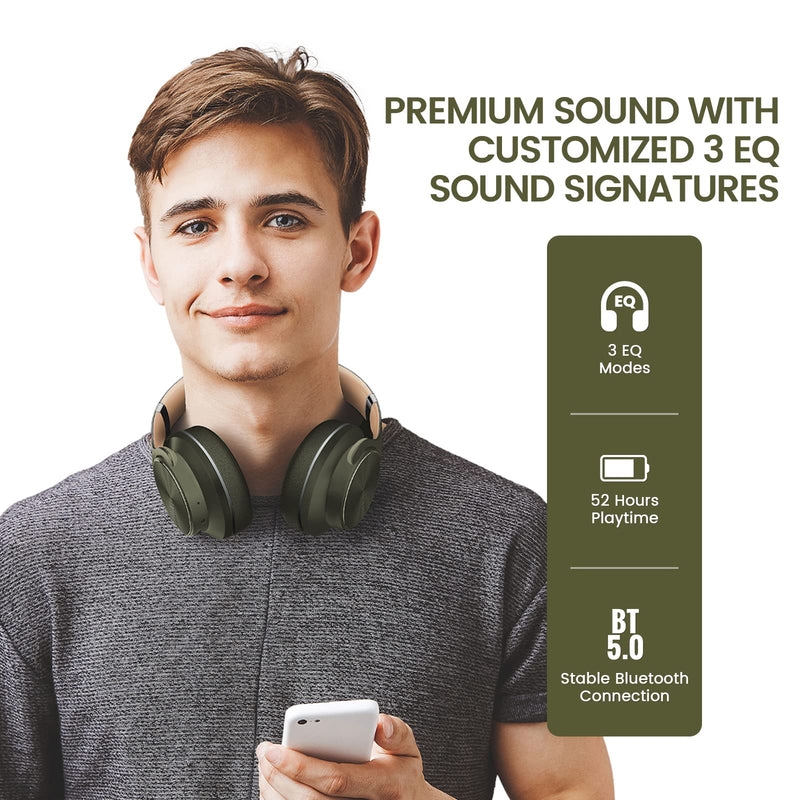 [AUSTRALIA] - DOQAUS Bluetooth Headphones Over Ear, 52 Hours Playtime Wireless Headphones with 3 EQ Modes, Noise Isolating HiFi Stereo Headphones with Deep Bass, Microphone, Soft Earpads for Cellphone/PC (Green) Green 