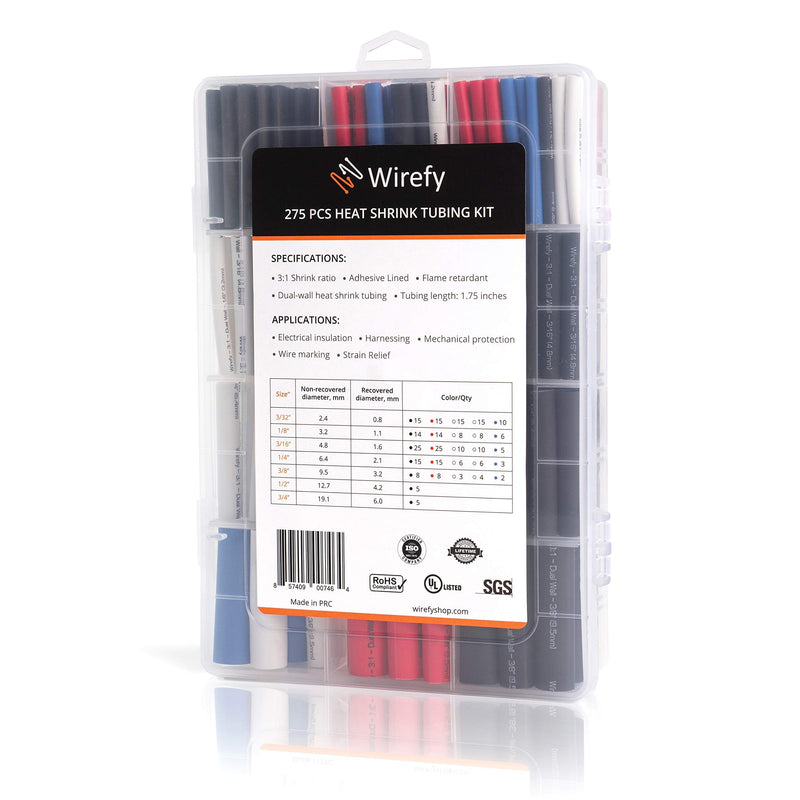 Wirefy Heat Shrink Tubing Kit - 3:1 Ratio Adhesive Lined, Marine Grade Shrink Wrap - Automotive Industrial Heat-Shrink Tubing - Black, Red, White, Clear, Blue - 275 PCS