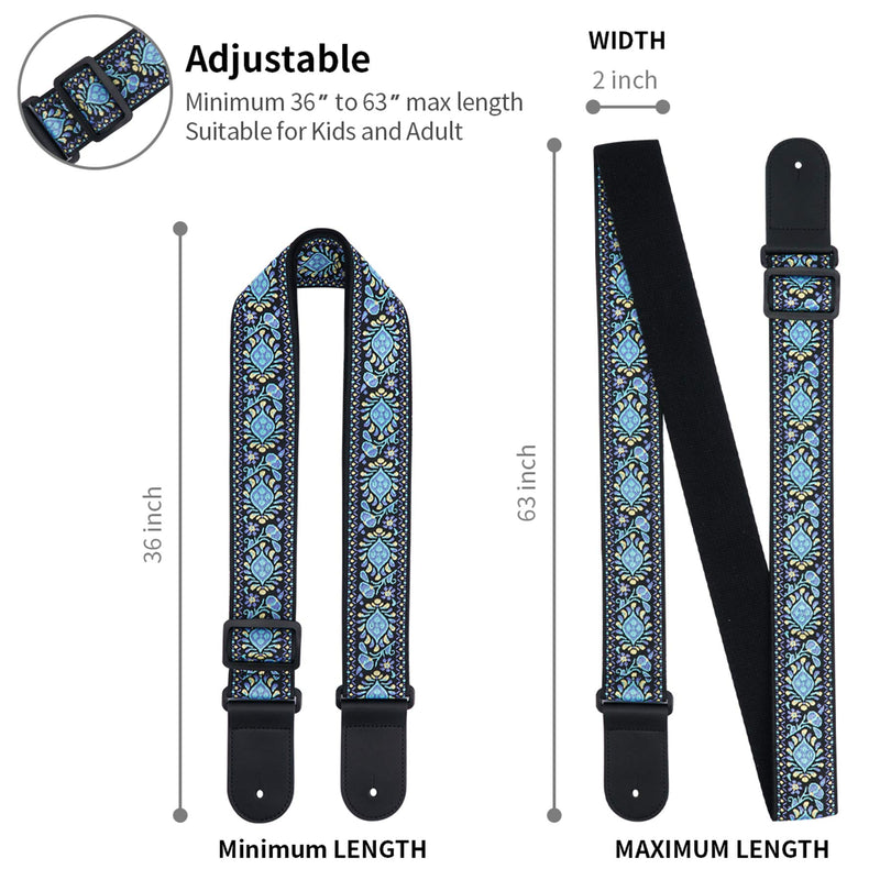 Tifanso Guitar Strap Jacquard Weave Guitar Strap with Genuine Leather Ends - Soft Adjustable Acoustic Guitar Strap for Electric Bass, Come With Strap Button, 1 Pair Strap Locks and 3 Guitar Picks Blue Jacquard Weave