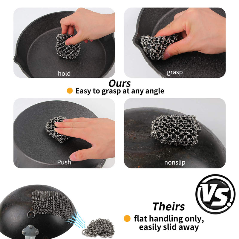 Herda Cast Iron Scrubber Skillet Scrapers Kit, 4Pieces Castiron Cleaning Kit 316 Chain Mail Scrubber for Pan Pot, Cast Iron Cleaner Iron Skillet Care Accessories Scraper Tool for Grill Griddle Pan Wok Black Kit