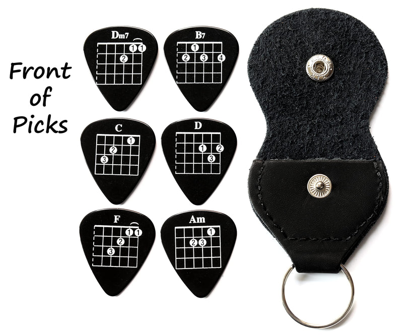 6 Black Chord Guitar Plectrums with Leather Keyring Pick Holder - Double Sided - Harmony Picks