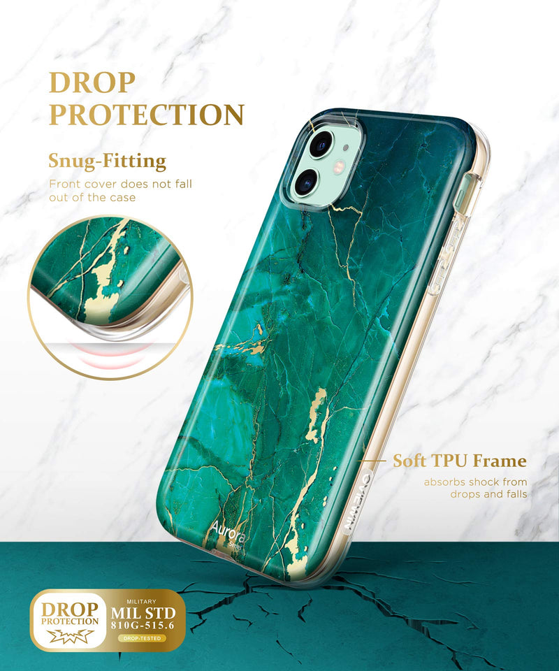 GVIEWIN Designed for iPhone 11 Case 6.1 Inch (2019 Release), [Built-in Screen Protector] [Full-Body Protection] Stylish Marble Shockproof Protective Phone Case Slim Thin Cover (Green/Gold) Green/Gold