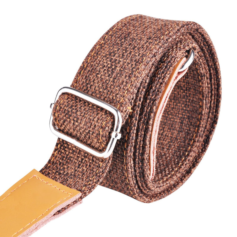 Rinastore Ukulele Strap Country Style Soft Cotton Linen & Genuine Leather Shoulder Strap for Ukulele Banjo Mandolin (Coffee-US-12) Coffee-US-12