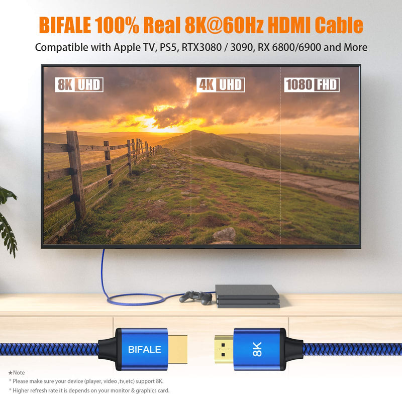 BIFALE 8K HDMI Cable 3ft, Nylon Braided 2.1 HDMI Cable Support Dolby Atmos, 8K@60Hz, 4K@120Hz, Dynamic HDR, eARC, 48Gpbs, Compatible with Apple TV, PS5, RTX3080 / 3090, RX 6800/6900 and More 3Feet