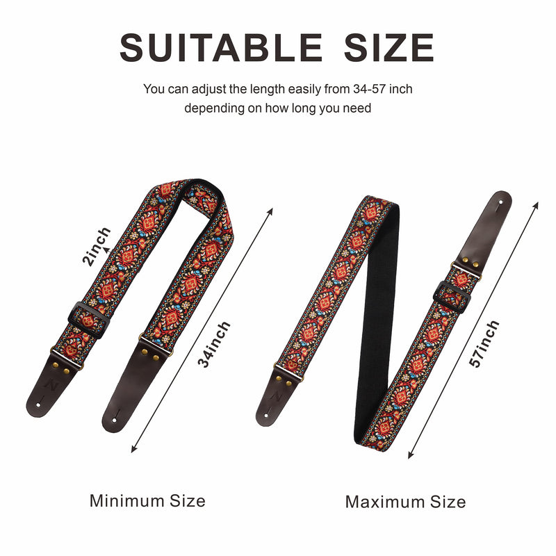 Guitar Strap, Vintage Embroidered Cotton Guitar Straps with Genuine Leather Ends for Bass, Electric & Acoustic Guitars, Come with Free Strap Button, 1 Pair Strap Locks and 4 Guitar Picks (Red Flower) A# - Woodstock Red