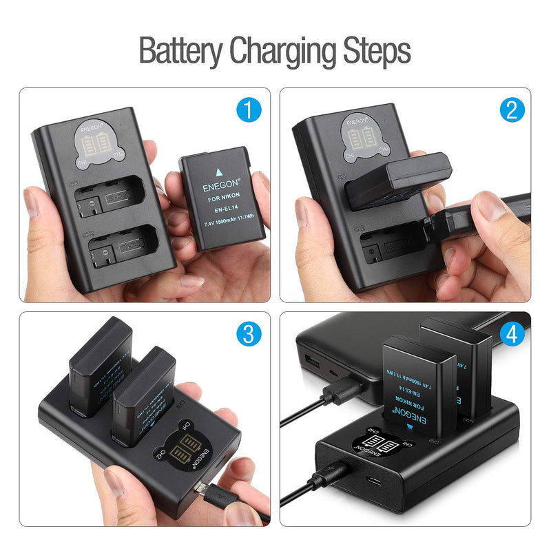 EN-EL14/EL 14a Replacement Battery (2 Pack) and Smart LED Dual Charger Kit for Nikon EN-EL14/14a and Compatible with D3100, D3200, D3300, D3400, D3500, D5100, D5200, D5300, D5500, Coolpix P7000…