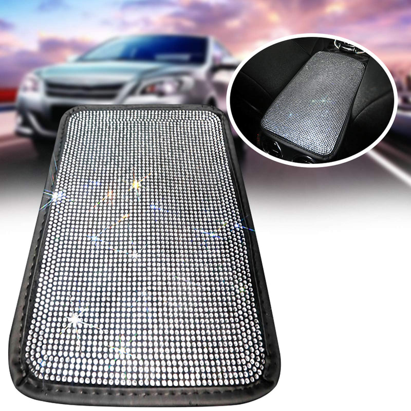 SUHU Bling Car Armrest Cover Cute Charming Auto Center Console Protective Cover Luster Crystal Rhinestone Car Arm Rest Cushion Pad Bling Car Interior Accessory for Women Girl (Silver)12.2 x 8.7 Inch Silver