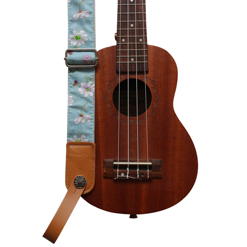 [AUSTRALIA] - MUSIC FIRST Original Design Vintage Blue “Daisy” Soft Cotton & Genuine Leather Ukulele Strap Ukulele Shoulder Strap With a MUSIC FIRST Genuine Leather Strap Locker 
