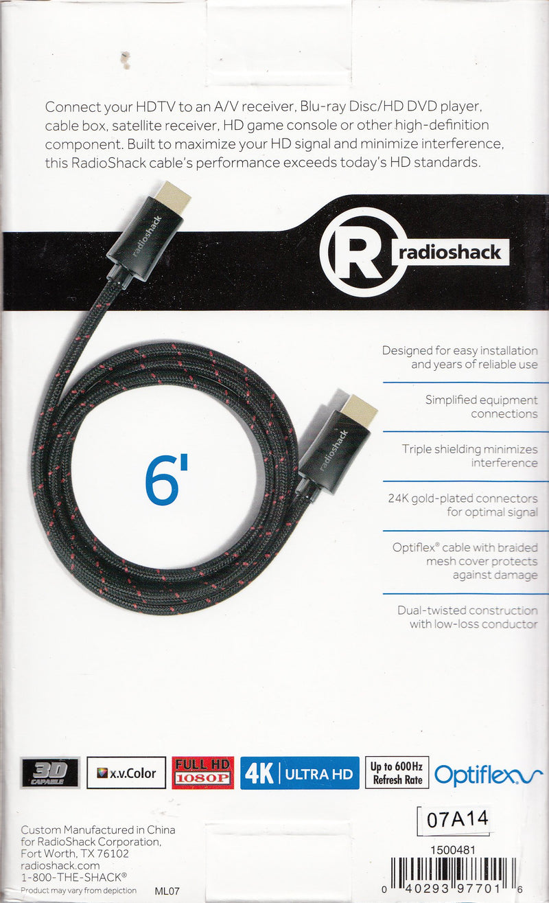 Radioshack 6' High Speed Hdmi Cable with Ethernet