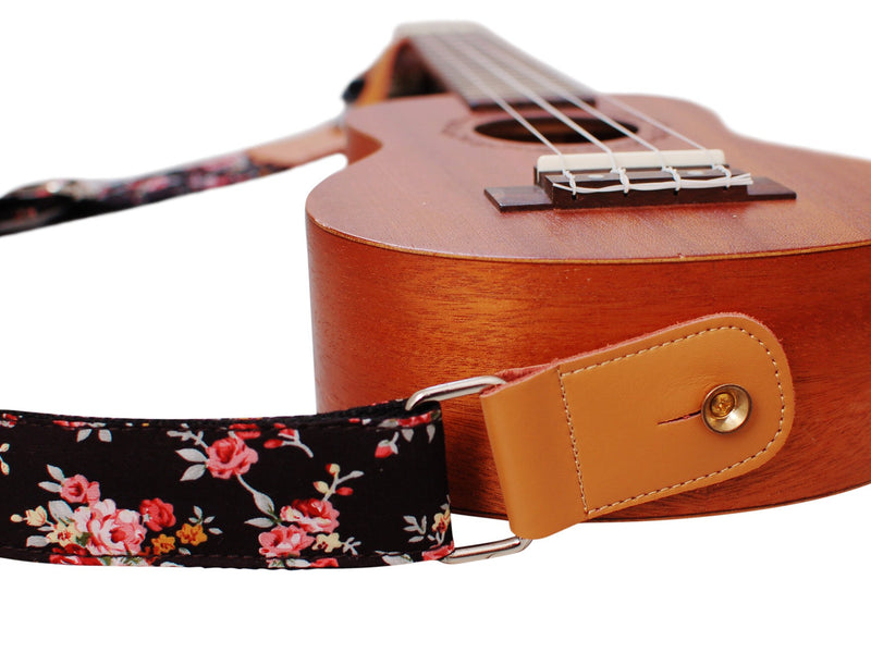 MUSIC FIRST Original Design “Rosa Multiflora in Black” Soft Cotton & Genuine Leather Ukulele Strap Ukulele Shoulder Strap