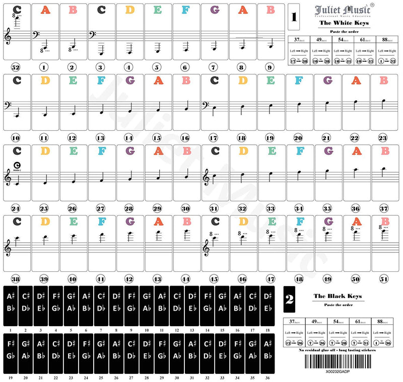 Juliet Music Piano Keyboard Stickers 88 Key, Learn to Play Piano for 88/61/54/49/37 Keys. Full Set Kids and Beginners Learning Piano, with Note Labels Instruction Stickers Removable , No Residue