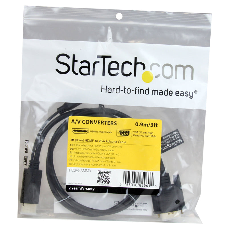 StarTech.com HDMI to VGA Cable - 3 ft / 1m - 1080p - 1920 x 1200 - Active HDMI Cable - Monitor Cable - Computer Cable (HD2VGAMM3) HDMI to VGA Cable - 3ft / 1m