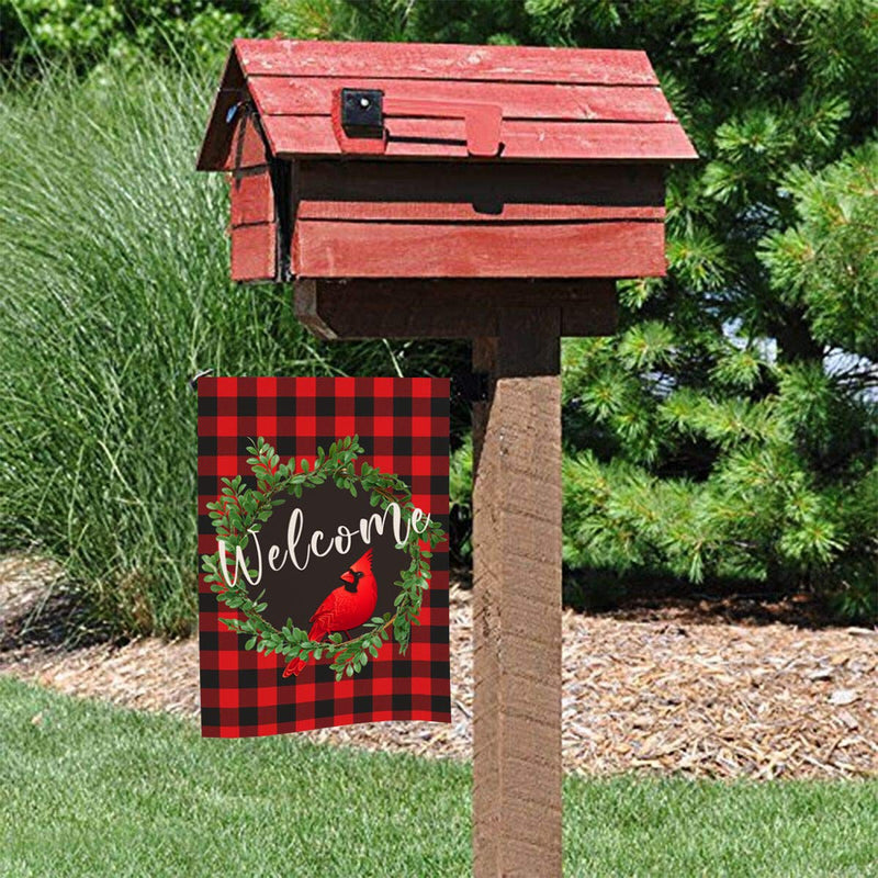 Cardinal Christmas Garden Flag | Wreath Welcome Garden Flag 12.5 x 18 Inch | Buffalo Check Plaid Winter Yard Flag Double Sided | Rustic Christmas Yard Decorations | Holiday Outdoor Flags