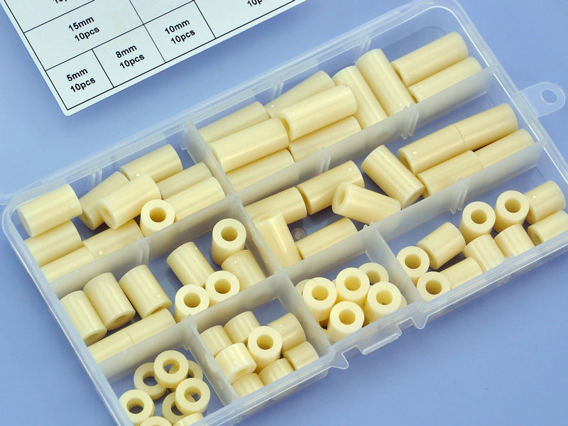 Electronics-Salon Plastic Round Spacer Assortment Kit. OD 11mm, ID 5.2mm, L 5 to 25mm, for M5 Screws. Length 5mm 8mm 10mm 12mm 15mm 18mm 20mm 25mm, Plastic ABS Standoff.