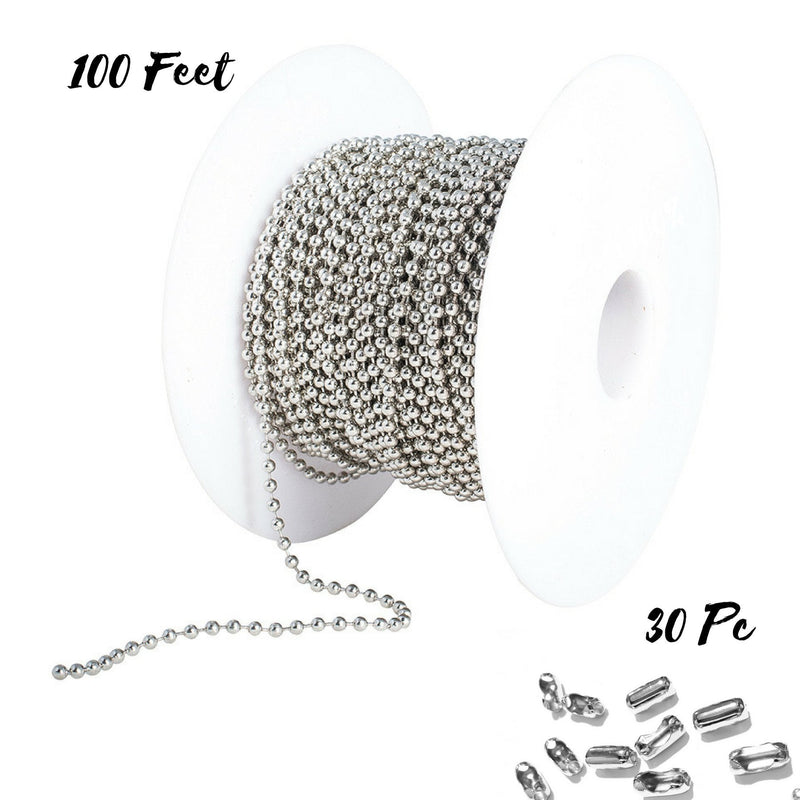 Ball Chain Spool #3 Nickel Plated Steel Bead Chain 2.4 Diameter 100 Feet (33 Yards) Included 30 Pc Matching connectors by Special100%