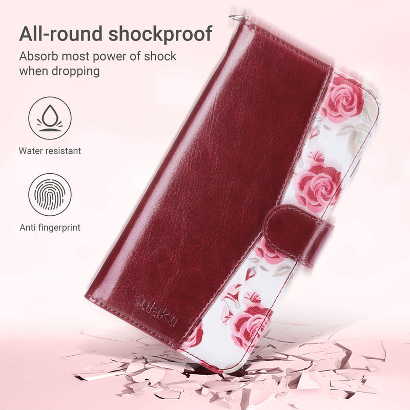 ULAK iPhone 8 Plus Case, iPhone 7 Plus Flip Wallet Case, PU Leather Wallet Case with Card Holder Kickstand Hand Strap Shockproof Protective Cover for Apple iPhone 7 Plus/8 Plus 5.5 Inch, Burgundy