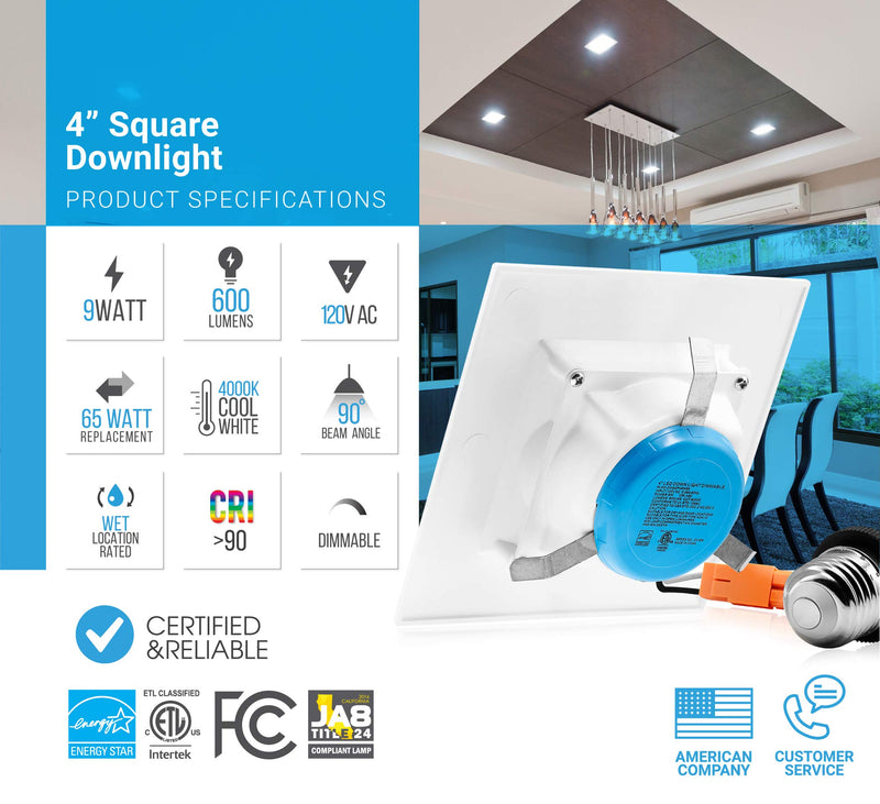 PARMIDA 4 inch Dimmable LED Square Recessed Retrofit Lighting, Easy Downlight Installation, 9W (65W Eqv.), 600m, Ceiling Can Lights, Energy Star & ETL-Listed, 5 Year Warranty, 4000K - 1 Pack 4000K (Cool White)