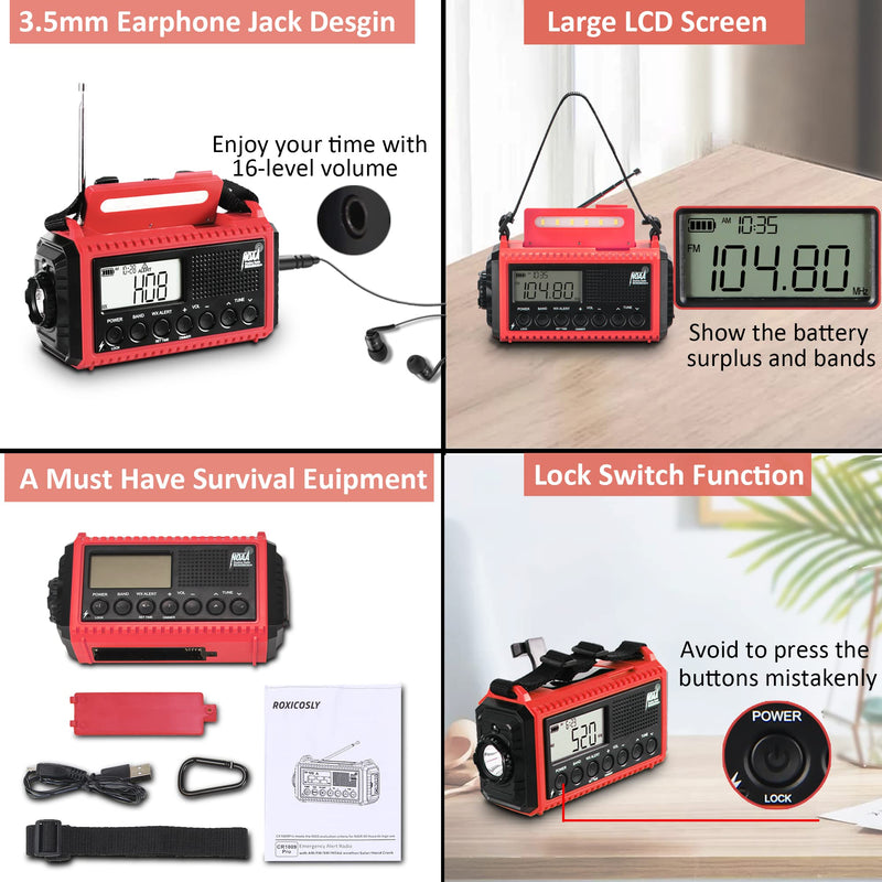 Emergency Radio, 5000 NOAA Weather Radio Solar Hand Crank Powered, AM/FM/Shortware Portable Auto Alert Raido with Phone Charger, Flashlight, Reading Lamp,SOS&Headphone Jack for Outdoor Survival Kit Red