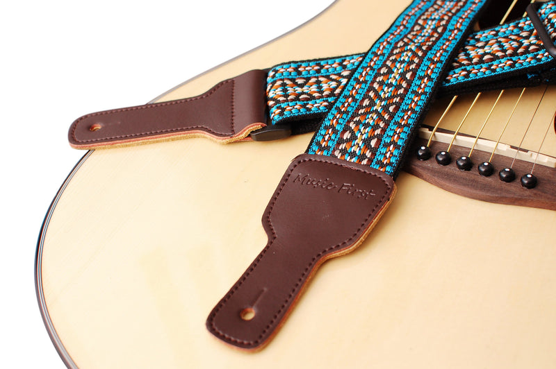 MUSIC FIRST Original Design, 2 inch width (5cm), Colorful Meshbelt & Genuine Leather Delux Banjo Strap, With 2 pieces of MUSIC FIRST Leather Strap Locker. (Blue Country Style) Blue Country Style
