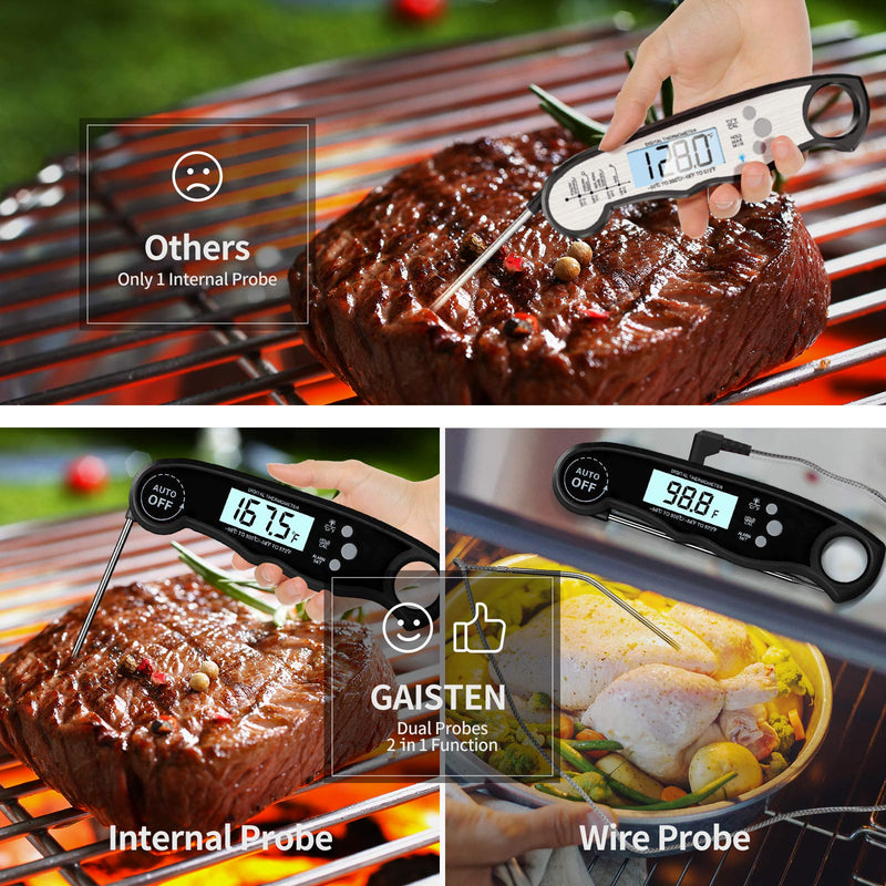 GAISTEN Food Thermometer, Digital Food Thermometer Instant Read, Meat Thermometer for Cooking, Grilling, Smoking, Baking, Turkey, Milk, Dual Probe Thermometer 2 in 1 Function(Black) Black