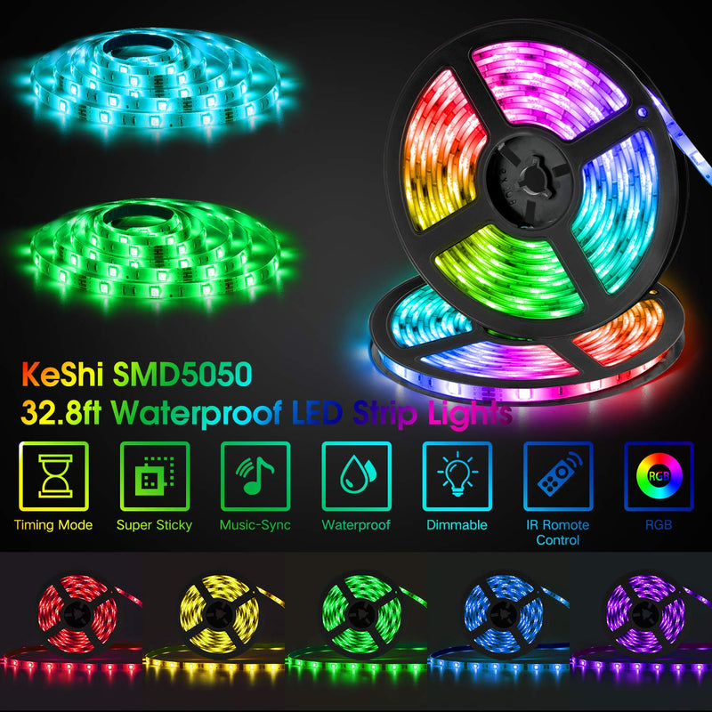 [AUSTRALIA] - LED Strip Lights 32.8ft, KeShi RGB Color Changing Flexible Tape Lights, 300 LEDs 5050 IP65 Waterproof Light Strip Kit, Music Sync Rope Lights with 44-Key IR Remote Control, for Home Decoration 