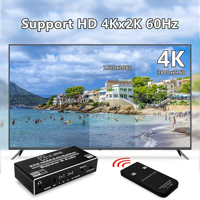 ULBRE HDMI Splitter 2 in 2 Out, HDMI Switcher 2X2 Switch Box withSPDIF 3.5mm Audio and IR Remote Control, Support HDR HDMI 2.0b, Ultra HD 2K @60Hz 3D 1080P ARC