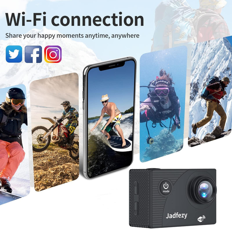 [AUSTRALIA] - Jadfezy WiFi Action Camera Ultra HD 1080P, 12MP Sports Camera Wide-Angle 2" LCD Screen, 30m/98ft Underwater Waterproof Camera with 2 Batteries and Accessories Kit for Helmet and Bicycle etc. FHD 1080P WiFi 