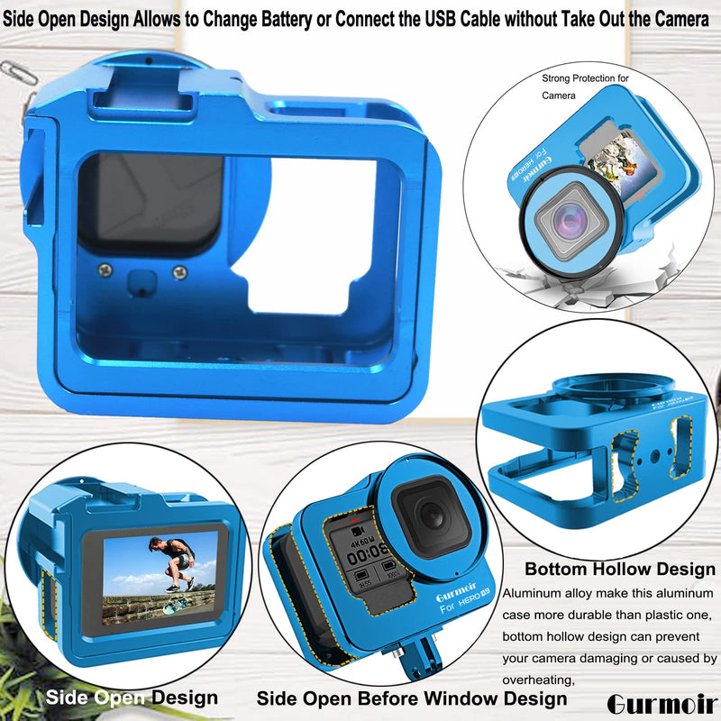Gurmoir Aluminum Alloy Case for Gopro Hero 10/Hero 9 Black Action Camera, Back Door Case Metal Frame Housing.Side Open Wire Connectable Protective Cage with 52mm UV Filter for Gopro Hero 10/9 (Blue) Aluminum Case for Gopro Hero 10/9 Black Blue