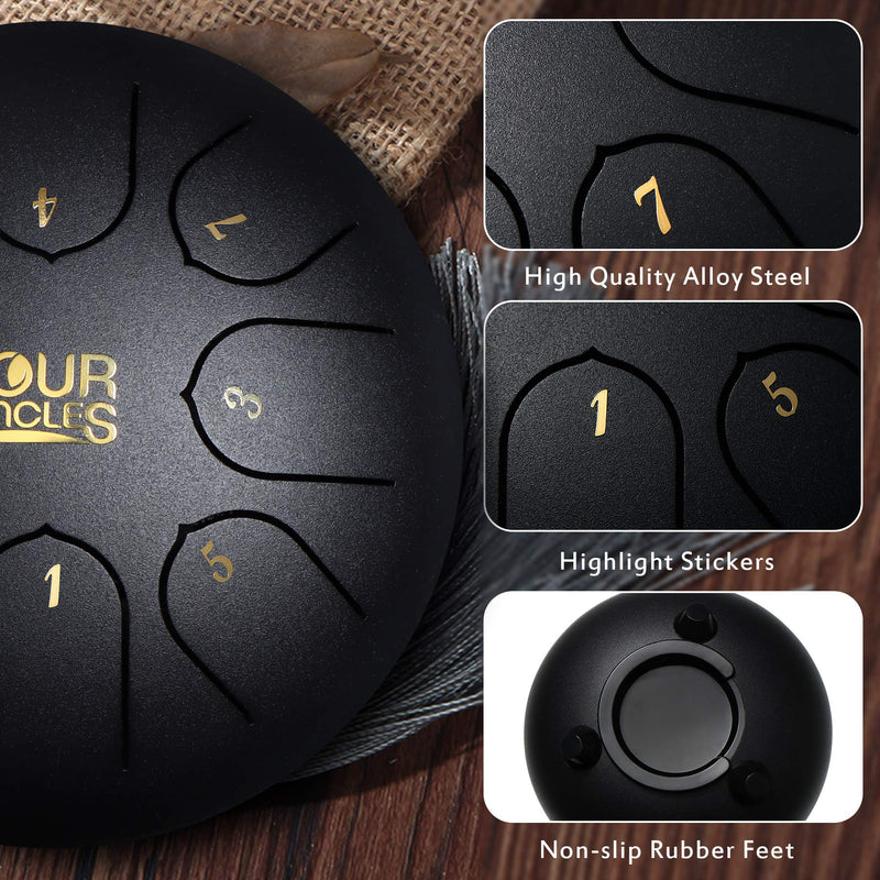 FOUR UNCLES Steel Tongue Drum, Percussion Instrument Handpan Drum C Key with Bag, Music Book and Mallets for Meditation Entertainment Musical Education Concert Mind Healing Yoga (6 inch, Black) 6 inch