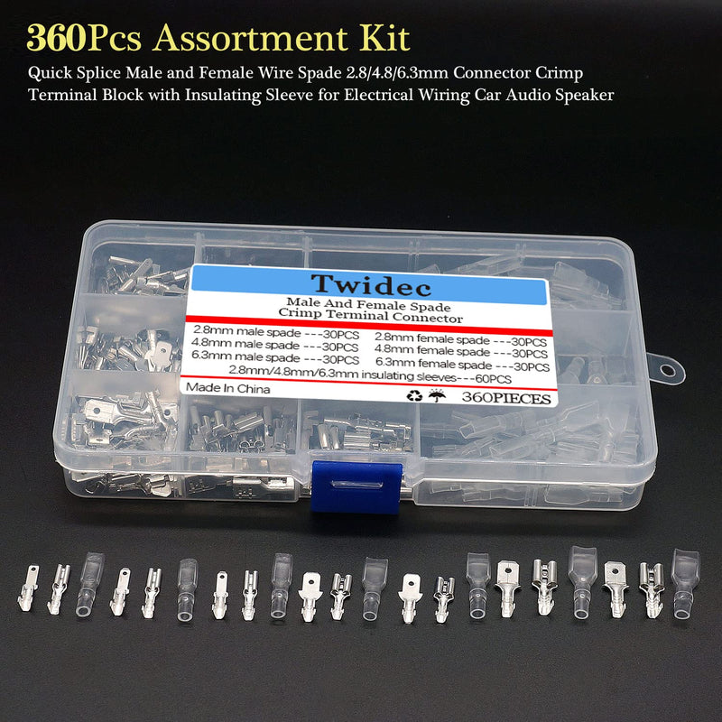 Twidec/360Pcs 2.8/4.8/6.3mm Quick Splice Male and Female Wire Spade Connector Crimp Terminal Block Assortment Kit with Insulating Sleeve for Electrical Wiring Car Audio Speaker 1-Spade Connector