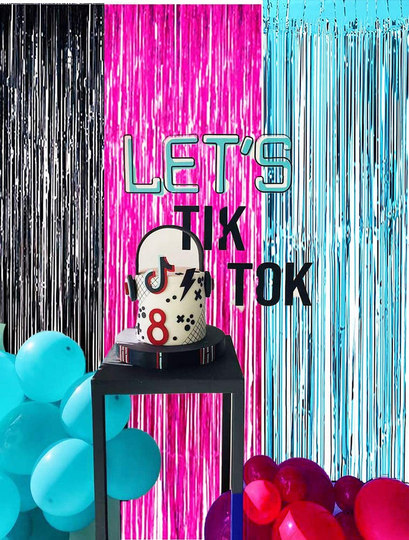 TIK Tok Birthday Decorations TIK TOK Party Photo Backdrop, TIK Tok Party Decorations Fuchsia Black Teal Foil Curtains for TIK Tok Party