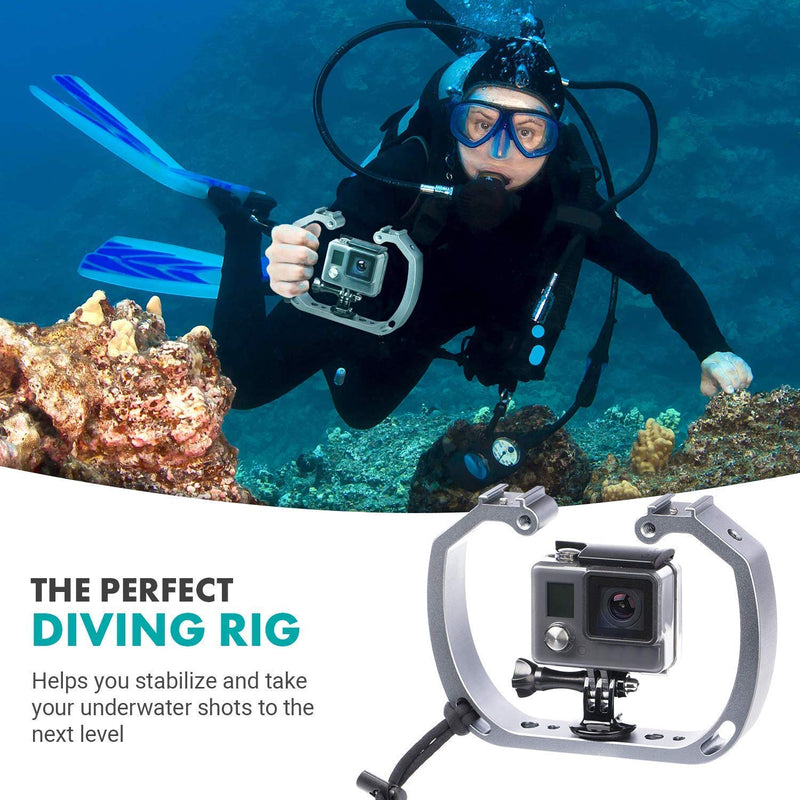 Movo GB-U70 Underwater Diving Rig for GoPro Hero with Cold Shoe Mounts, Wrist Strap - Works with HERO3, HERO4, HERO5, HERO6, HERO7, HERO8, Osmo Action Cam - Perfect Scuba Gear GoPro Accessory Standard Silver
