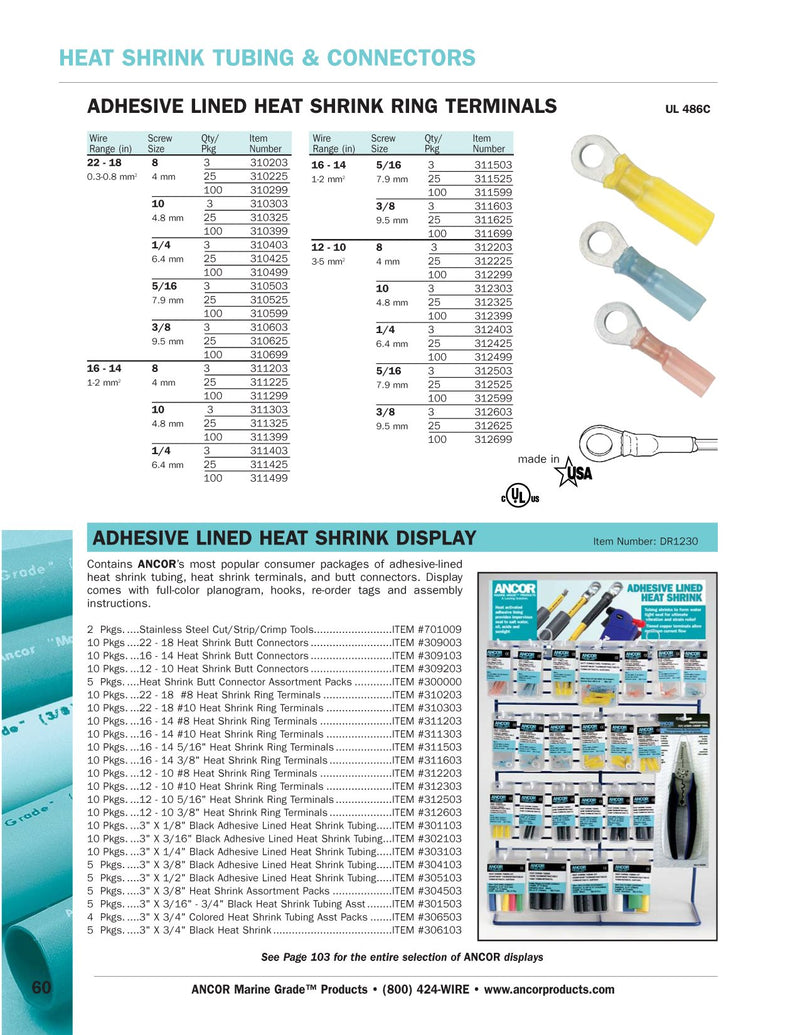 Ancor 311399 Marine Grade Electrical Nylon Insulated Adhesive Lined Heat Shrink Ring Terminals (16 to 14-Gauge, Size 10 Screw, 100-Pack)