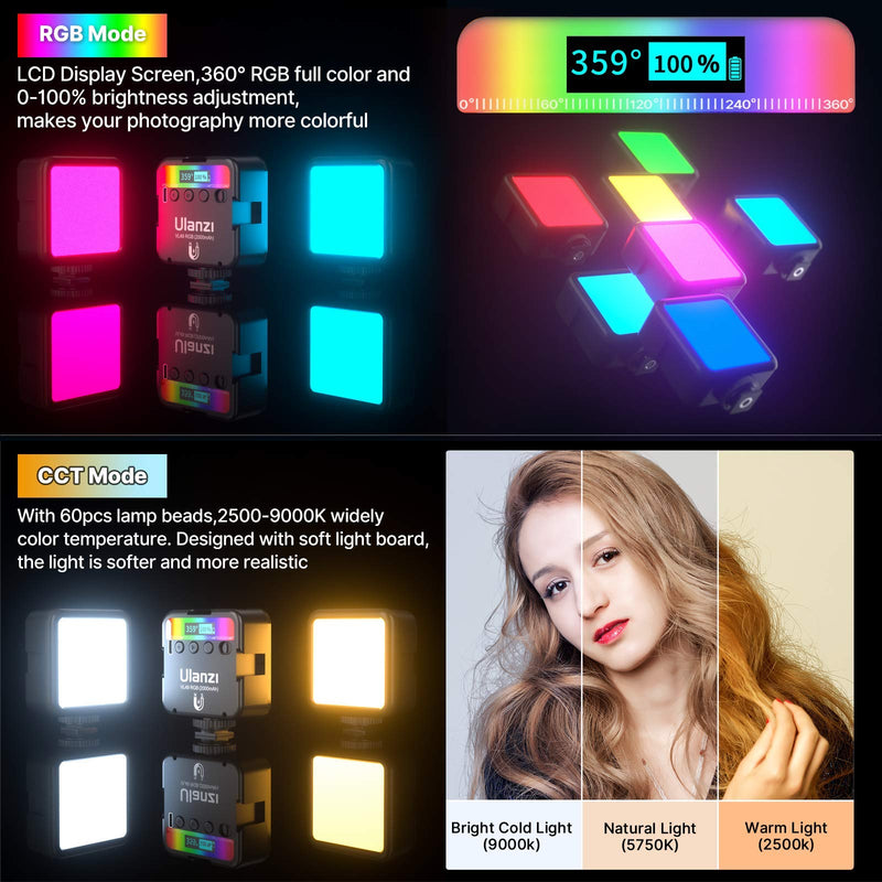 ULANZI VL49 RGB Video Light w 3 Cold Shoe,Mini Rechargeable LED Camera Lights 360° Full Color Portable Photography Lighting Support Magnetic Attraction,2500-9000K Dimmable LED Panel Lamp w LCD Display