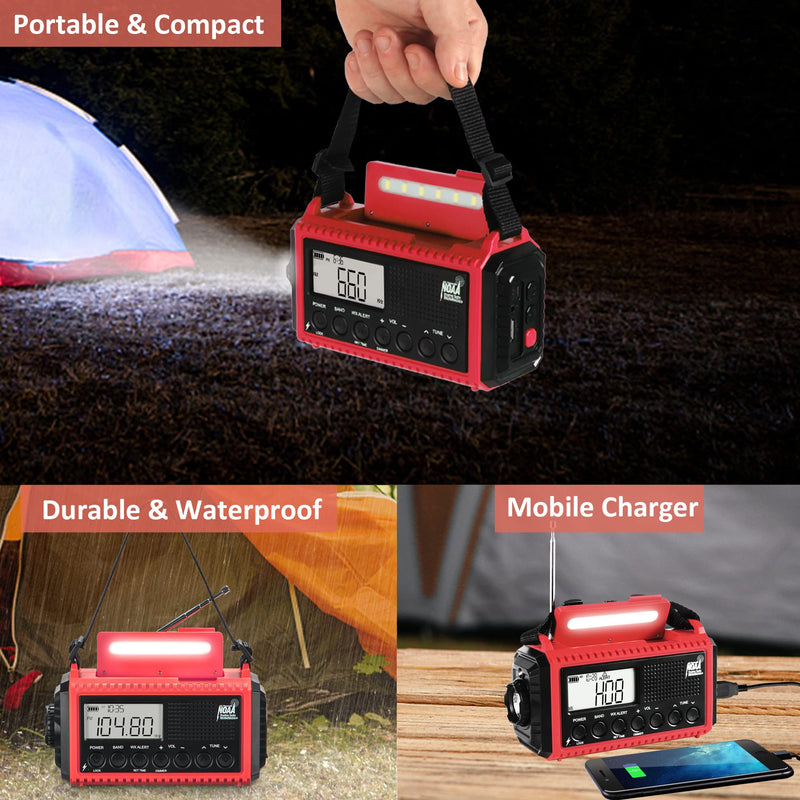 Emergency Radio, 5000 NOAA Weather Radio Solar Hand Crank Powered, AM/FM/Shortware Portable Auto Alert Raido with Phone Charger, Flashlight, Reading Lamp,SOS&Headphone Jack for Outdoor Survival Kit Red