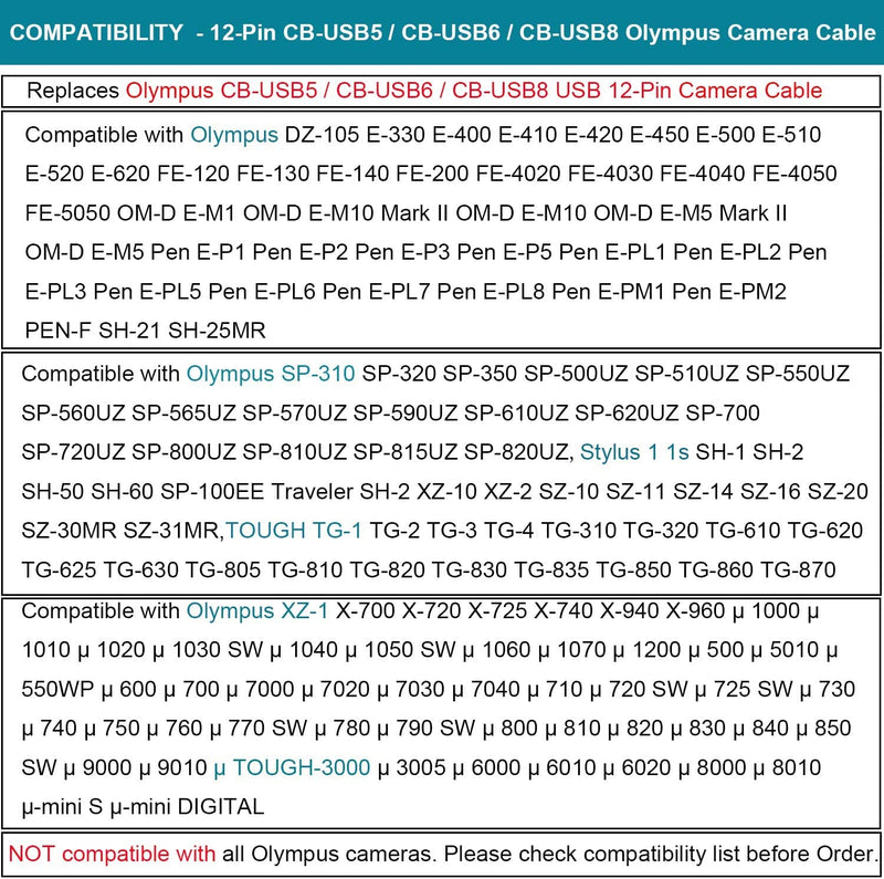 USB Data Charge Cable Cord Compatible with Olympus Tough TG-830 TG-630 TG-860 TG-870 TG-810, TG-820, TG-835, TG-850 TG-860 TG-870 X-940, X-960, EP1,EM10,Replacement for CB-USB5 CB-USB6 CB-USB8 Cable