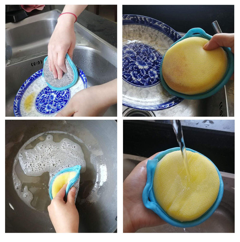 CAMSTIC Dual Action Kitchen Cleaning Microfiber Scouring Scrubber, Round Dish Washing Sponge, Pack of 10, Blue