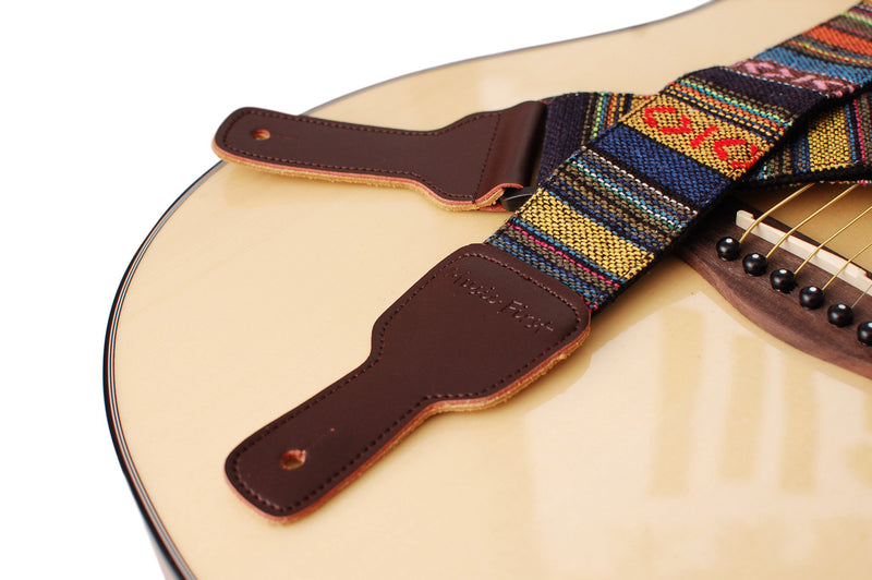 MUSIC FIRST Original Design, 2 inch width (5cm), Classic Country Style Soft Cotton & Genuine Leather Guitar Strap, Ukulele Strap, Mandolin Strap