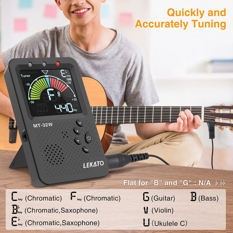 LEKATO Metronome Tuner, Rechargeable 3 In 1 Digital Tuner Metronome Tone Generator for Guitar, Bass, Violin, Ukulele Chromatic Multifunction Tuner for All Instruments Metronome with Human Voice Beat Black