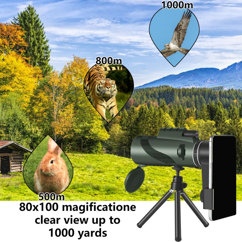 80x100 Monocular Telescope High Powered Monoculars for Adults Compact Monocular for Smartphone Adapter, Handheld Telescope with Tripod for Bird Watching Hunting Camping Travel Green-mm