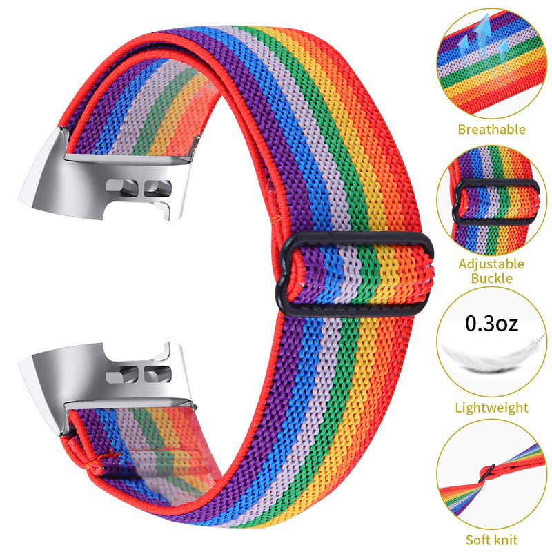 Hopply Adjustable Elastic Nylon Bands Compatible with Fitbit Charge 4 / Charge 3 / 3SE Bands,Breathable Stretchy Soft Fabric Pattern Replacement Loop Strap for Women Men (Rainbow) Rainbow